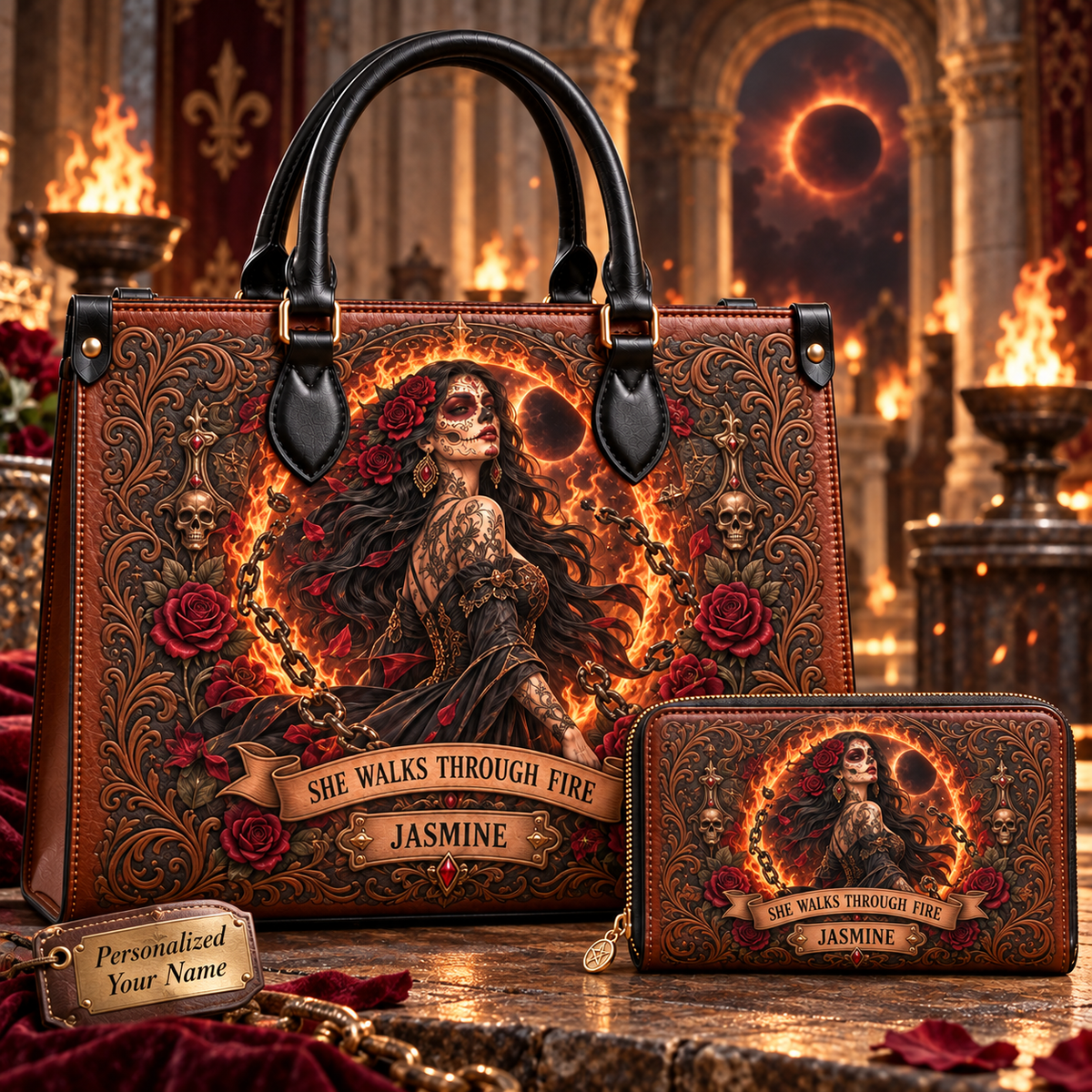 She Walks Through Fire Leather Handbag + Free Matching Wallet