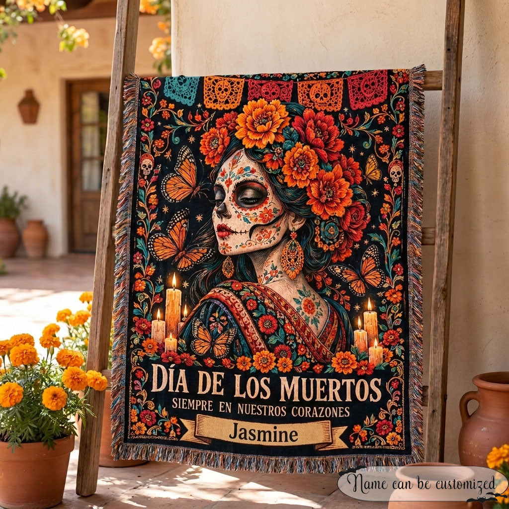 Día de los Muertos Personalized Sugar Skull Woman Woven Blanket