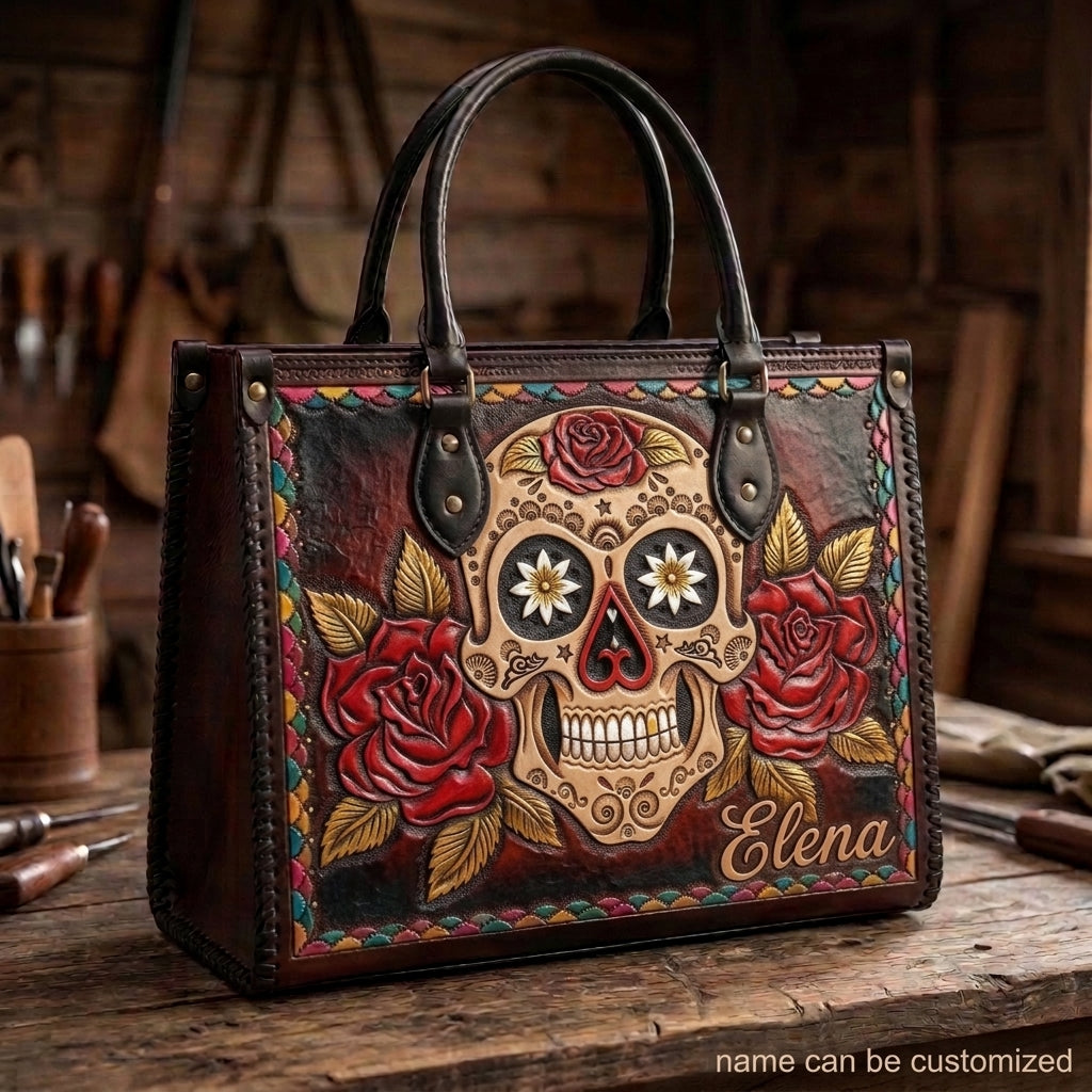 Red Rose Sugar Skull Leather Bag + Free Wallet