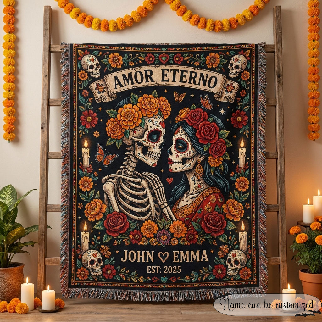 Amor Eterno Personalized Couple Sugar Skull Woven Blanket