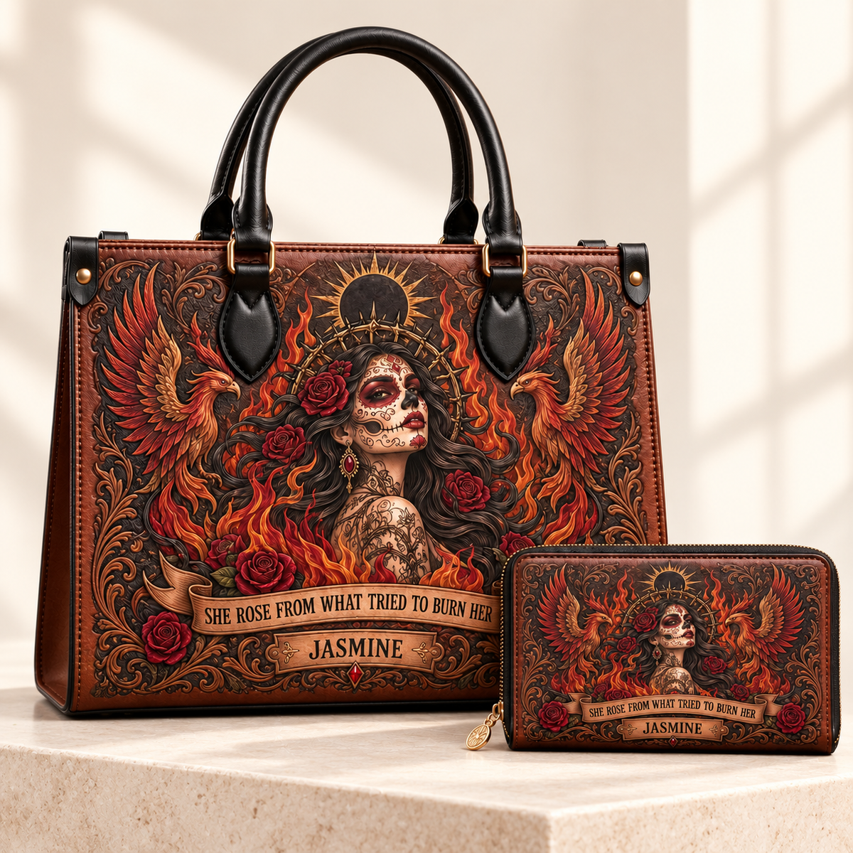 Personalized Born From Fire Leather Handbag + Free Matching Wallet
