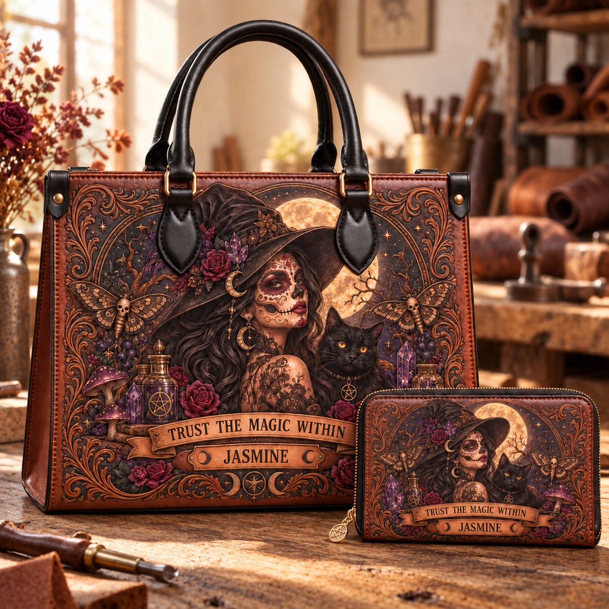 Personalized Moonlit Witch Leather Handbag + Free Matching Wallet
