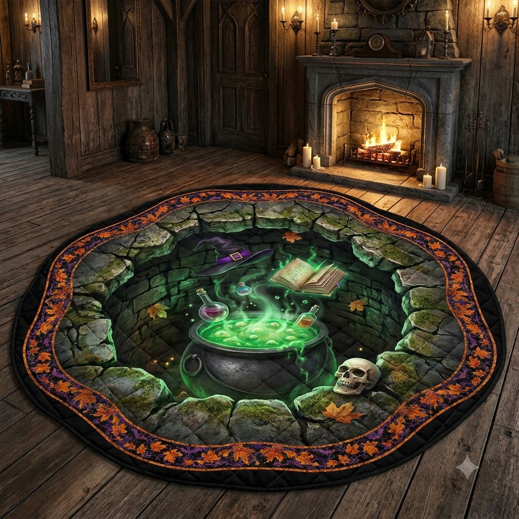 3D Halloween Witch Cauldron Well Illusion Rug
