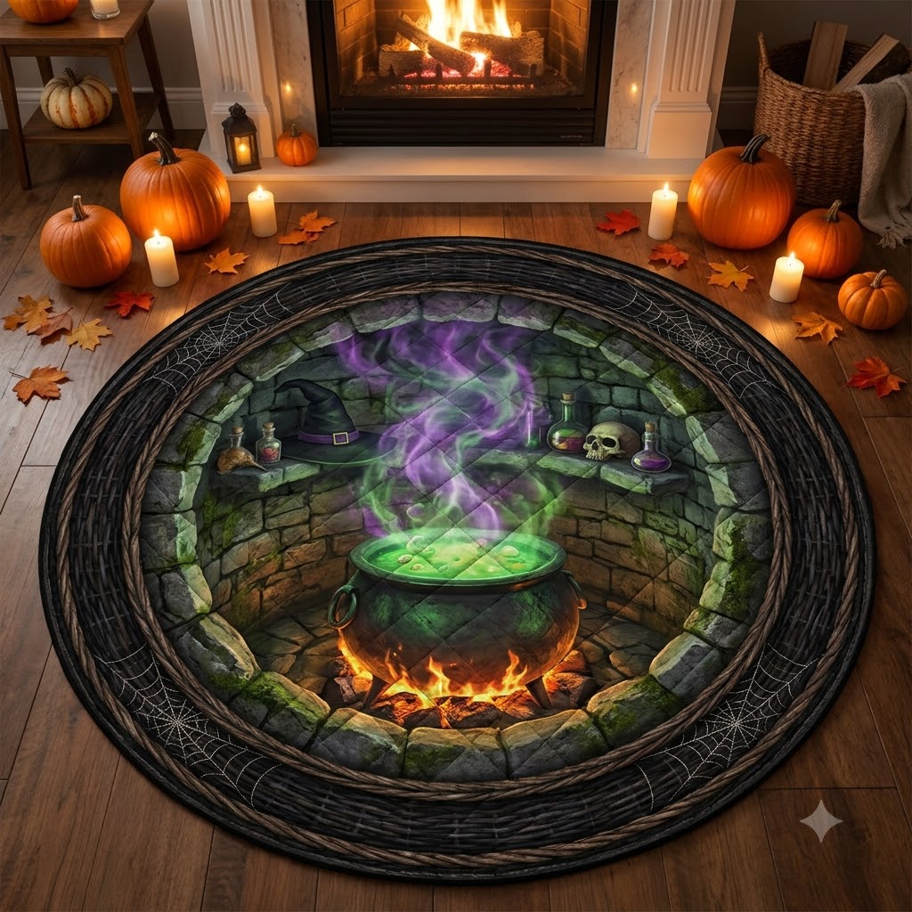 3D Halloween Witch Cauldron Well Illusion Rug
