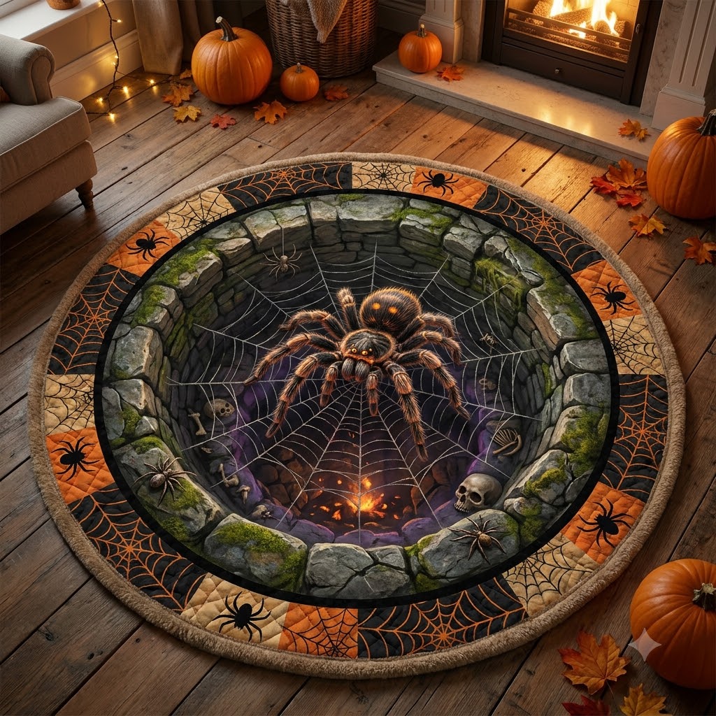 3D Halloween Spider Web Well Illusion Rug
