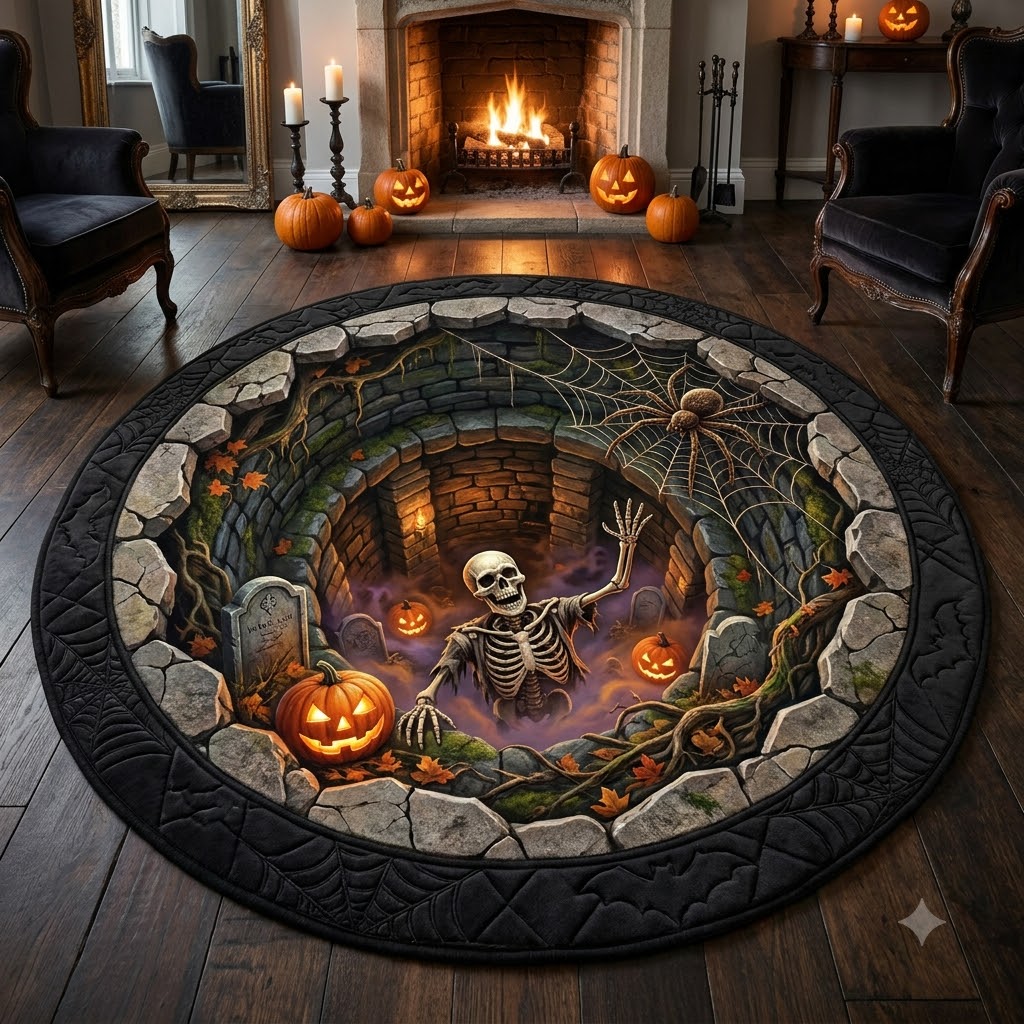 3D Halloween Skeleton Well Illusion Rug