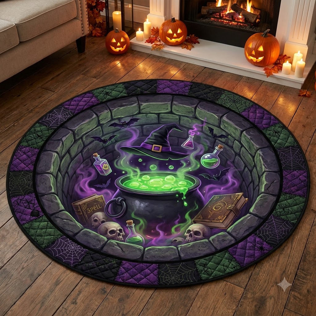 3D Halloween Witch Cauldron Well Illusion Rug