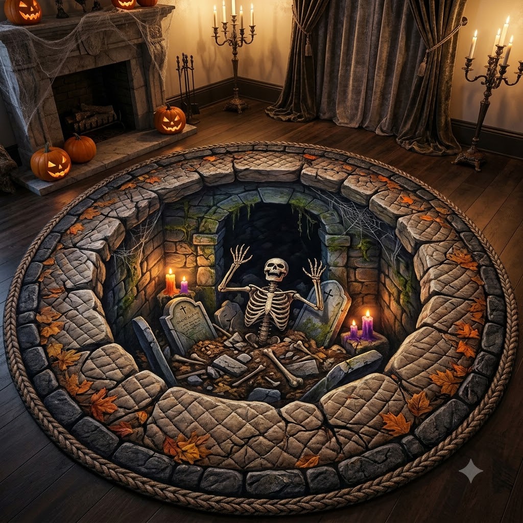 3D Halloween Skeleton Well Illusion Rug