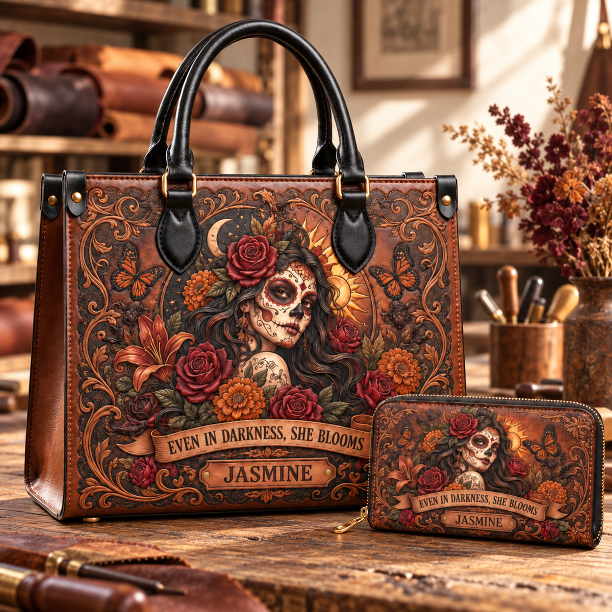 Personalized Bloom Through the Darkness Leather Handbag + Free Matching Wallet