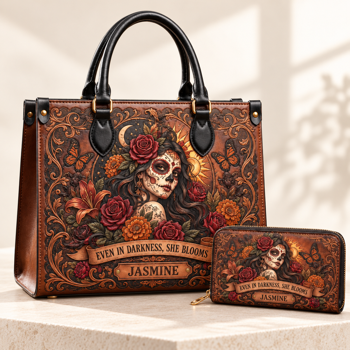 Personalized Bloom Through the Darkness Leather Handbag + Free Matching Wallet