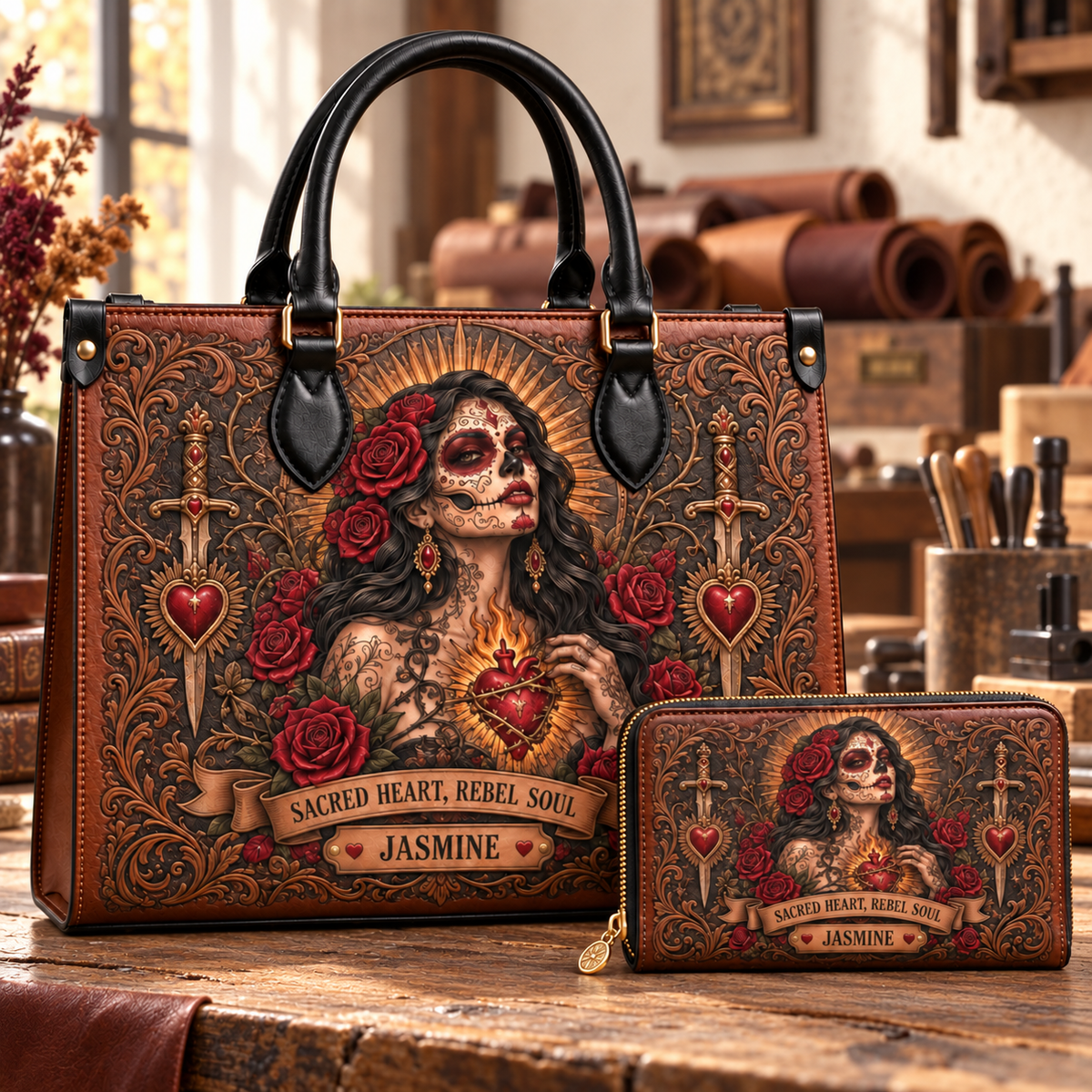 Personalized Sacred Rebel Leather Handbag + Free Matching Wallet