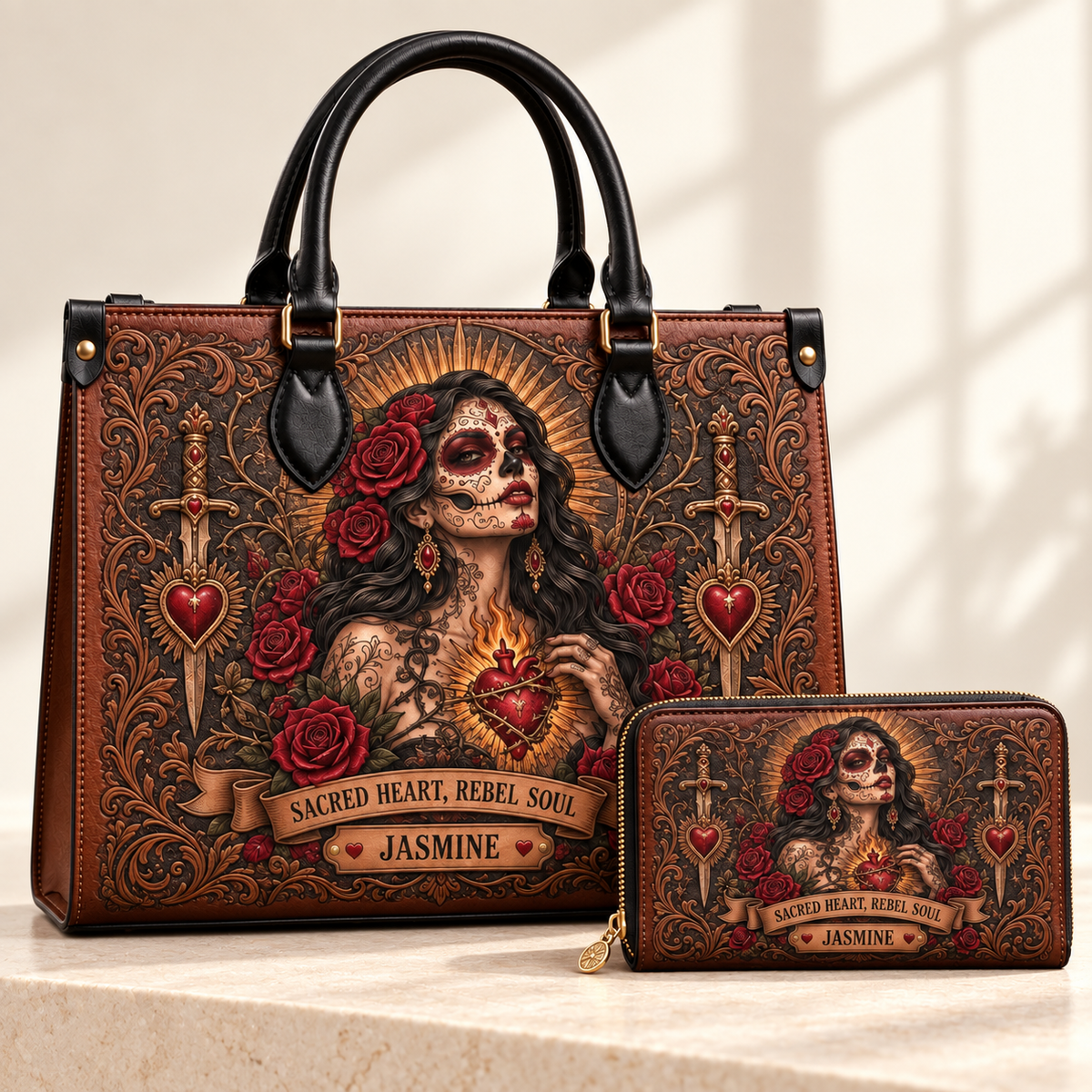 Personalized Sacred Rebel Leather Handbag + Free Matching Wallet
