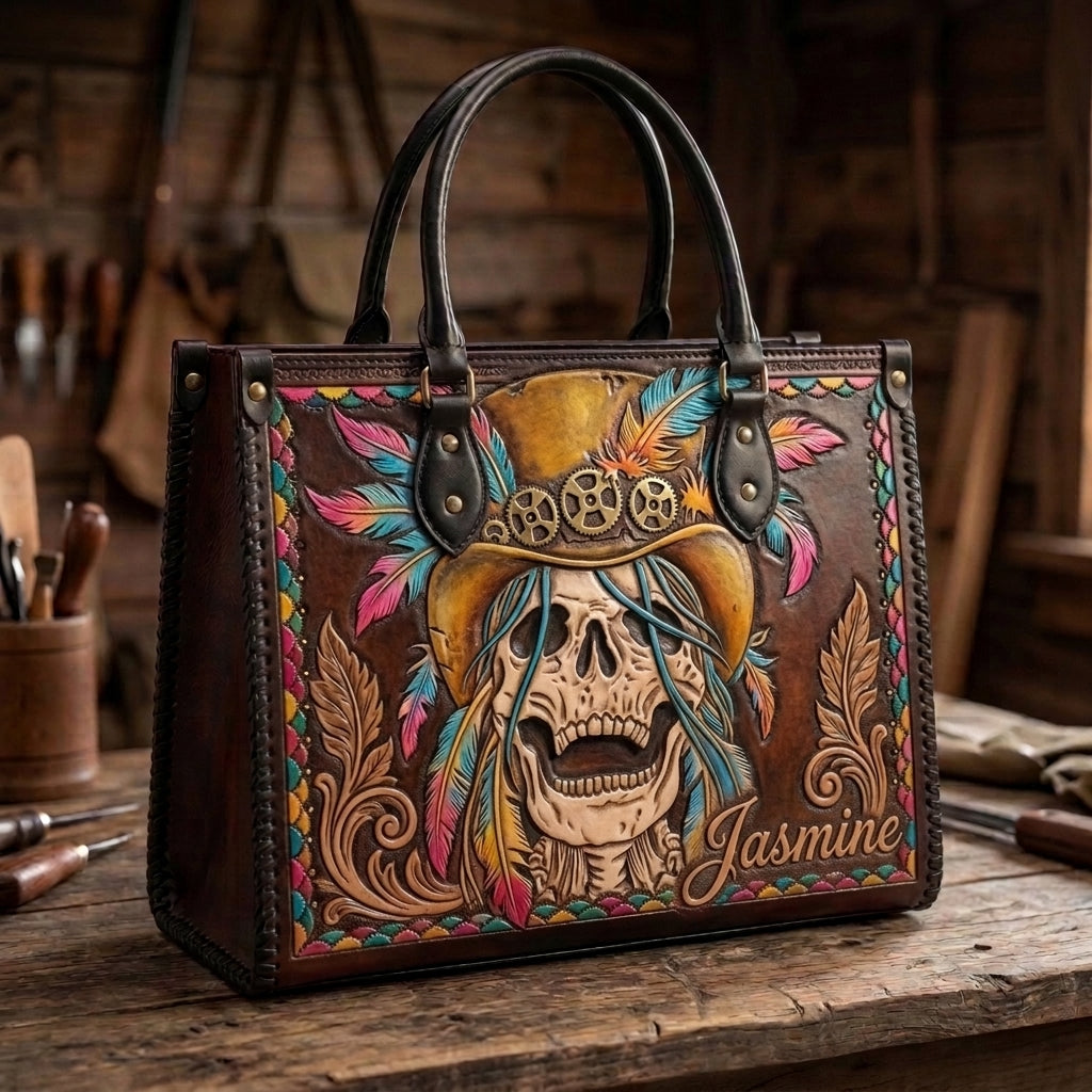 Steampunk Feather Skull Leather Bag + Free Wallet