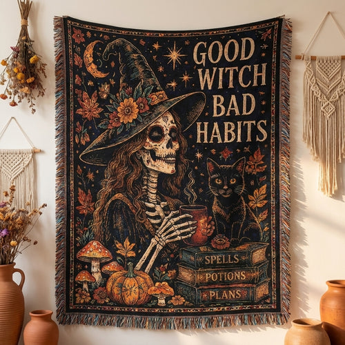 Good Witch Bad Habits Skeleton Witch & Black Cat Halloween Woven Blanket