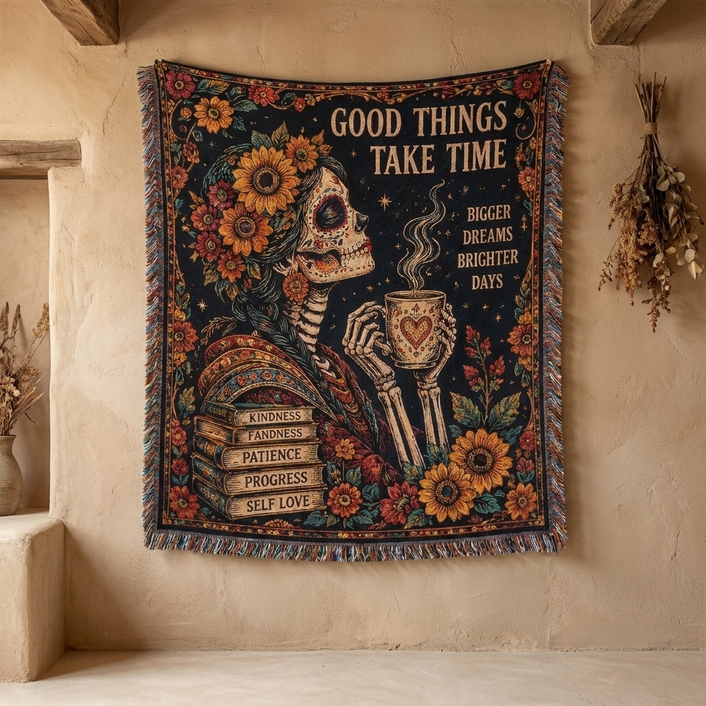 Good Things Take Time Sugar Skull Woman Woven Blanket