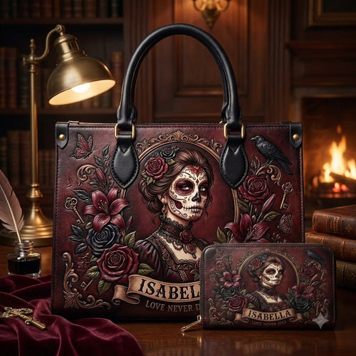 Gothic Sugar Skull Rose Leather Bag + Free Wallet