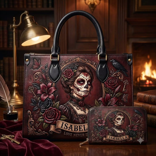 Gothic Sugar Skull Rose Leather Bag + Free Wallet
