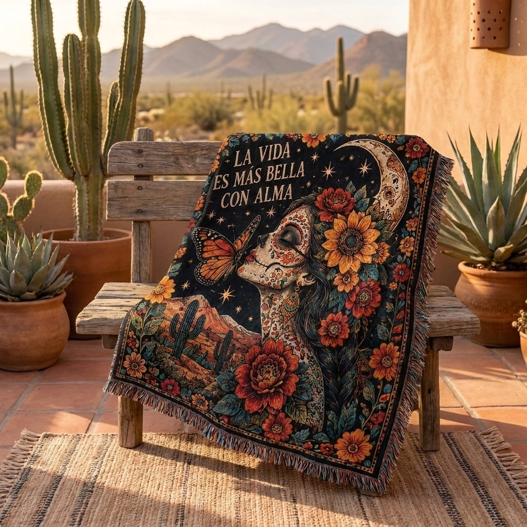La Vida Es Más Bella Con Alma Sugar Skull Desert Woven Blanket