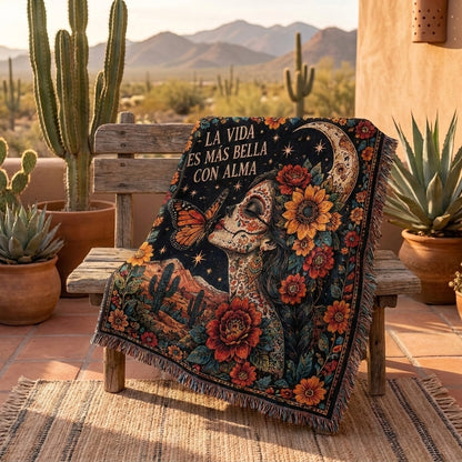 La Vida Es Más Bella Con Alma Sugar Skull Desert Woven Blanket