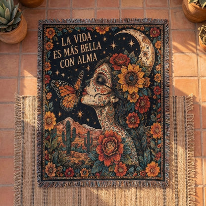 La Vida Es Más Bella Con Alma Sugar Skull Desert Woven Blanket