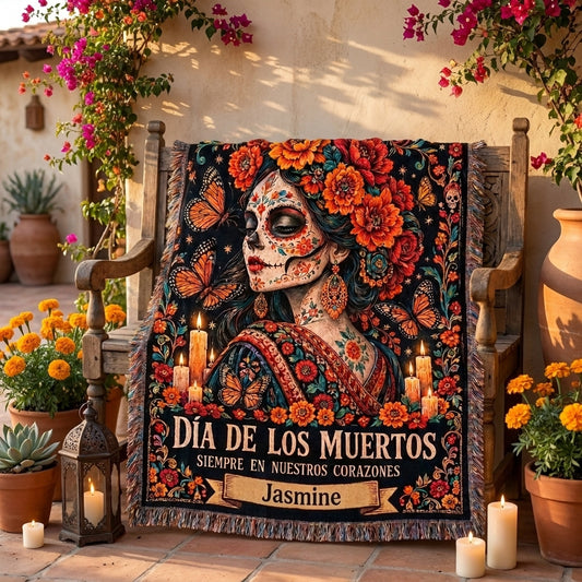 Día de los Muertos Personalized Sugar Skull Woman Woven Blanket