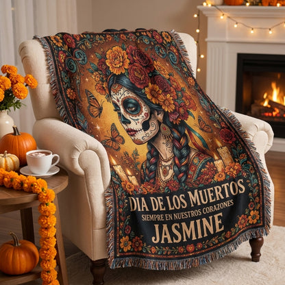 Día de los Muertos Sugar Skull Woman Personalized Woven Blanket