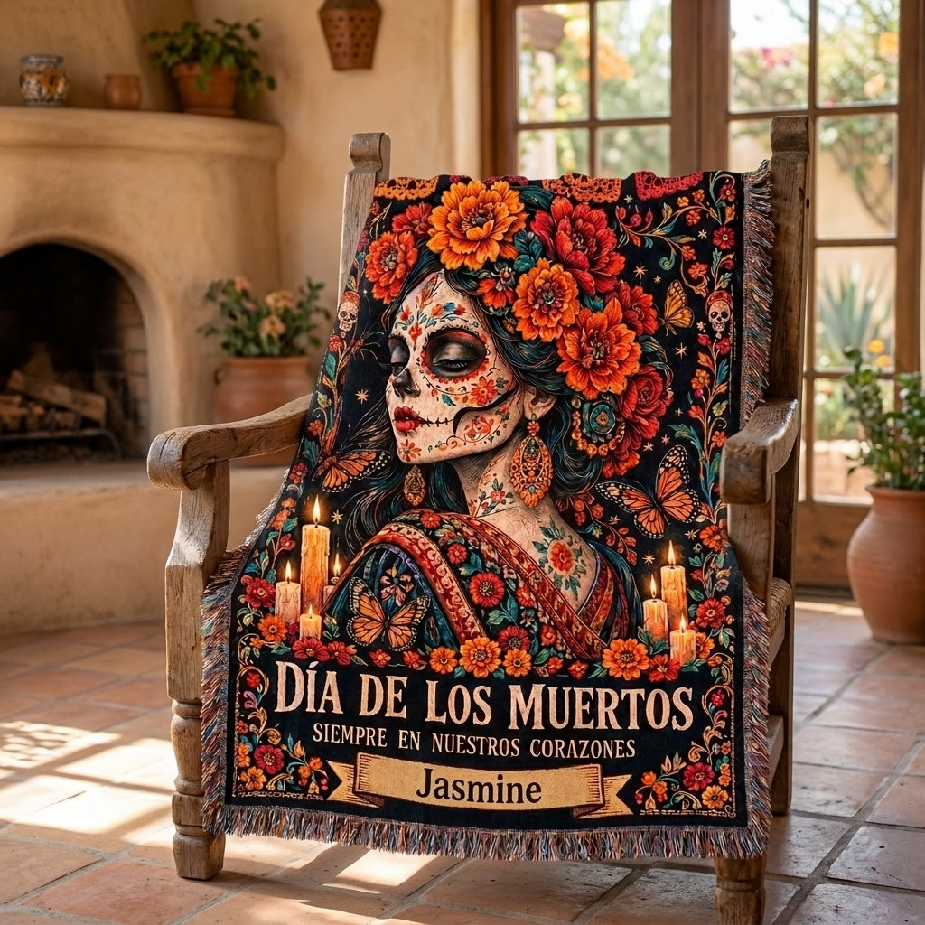 Día de los Muertos Personalized Sugar Skull Woman Woven Blanket