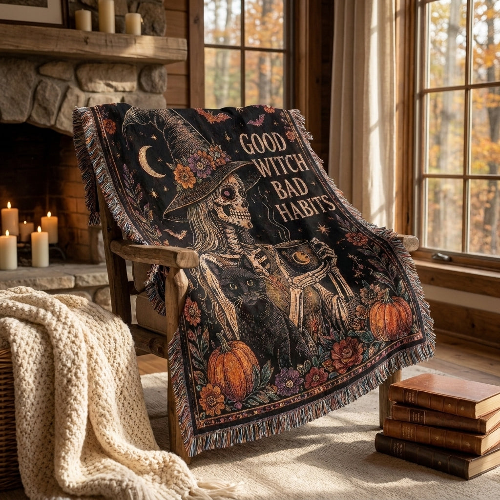 Good Witch Bad Habits Skeleton Witch & Black Cat Woven Blanket