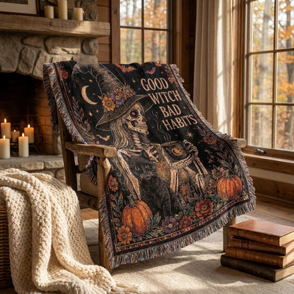 Good Witch Bad Habits Skeleton Witch & Black Cat Woven Blanket
