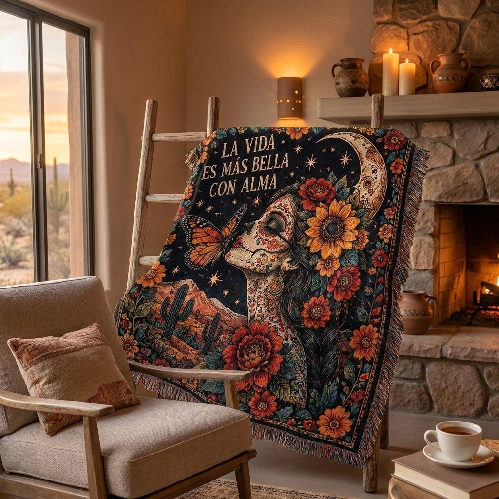 La Vida Es Más Bella Con Alma Sugar Skull Desert Woven Blanket