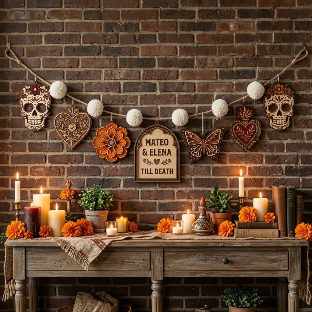 Sugar Skull Floral Till Death Personalized Wooden Garland