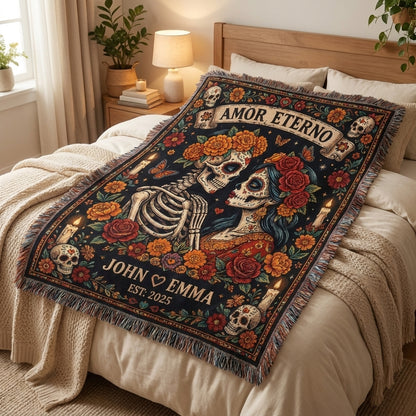 Amor Eterno Personalized Couple Sugar Skull Woven Blanket