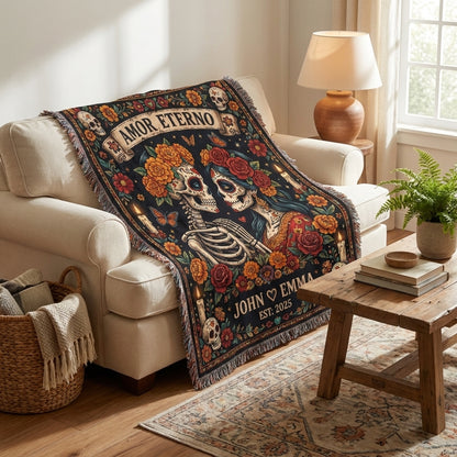 Amor Eterno Personalized Couple Sugar Skull Woven Blanket