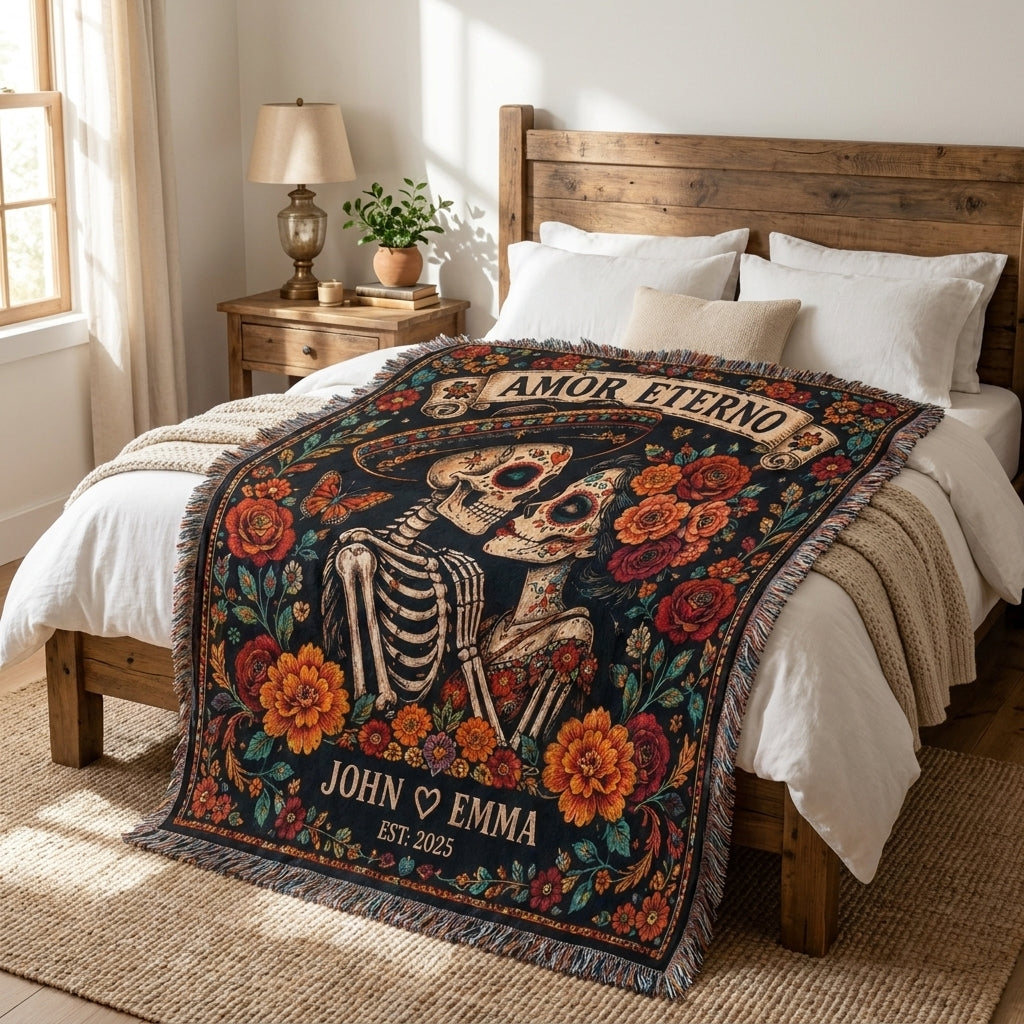 Amor Eterno Personalized Skeleton Couple Woven Blanket