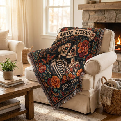 Amor Eterno Personalized Skeleton Couple Woven Blanket