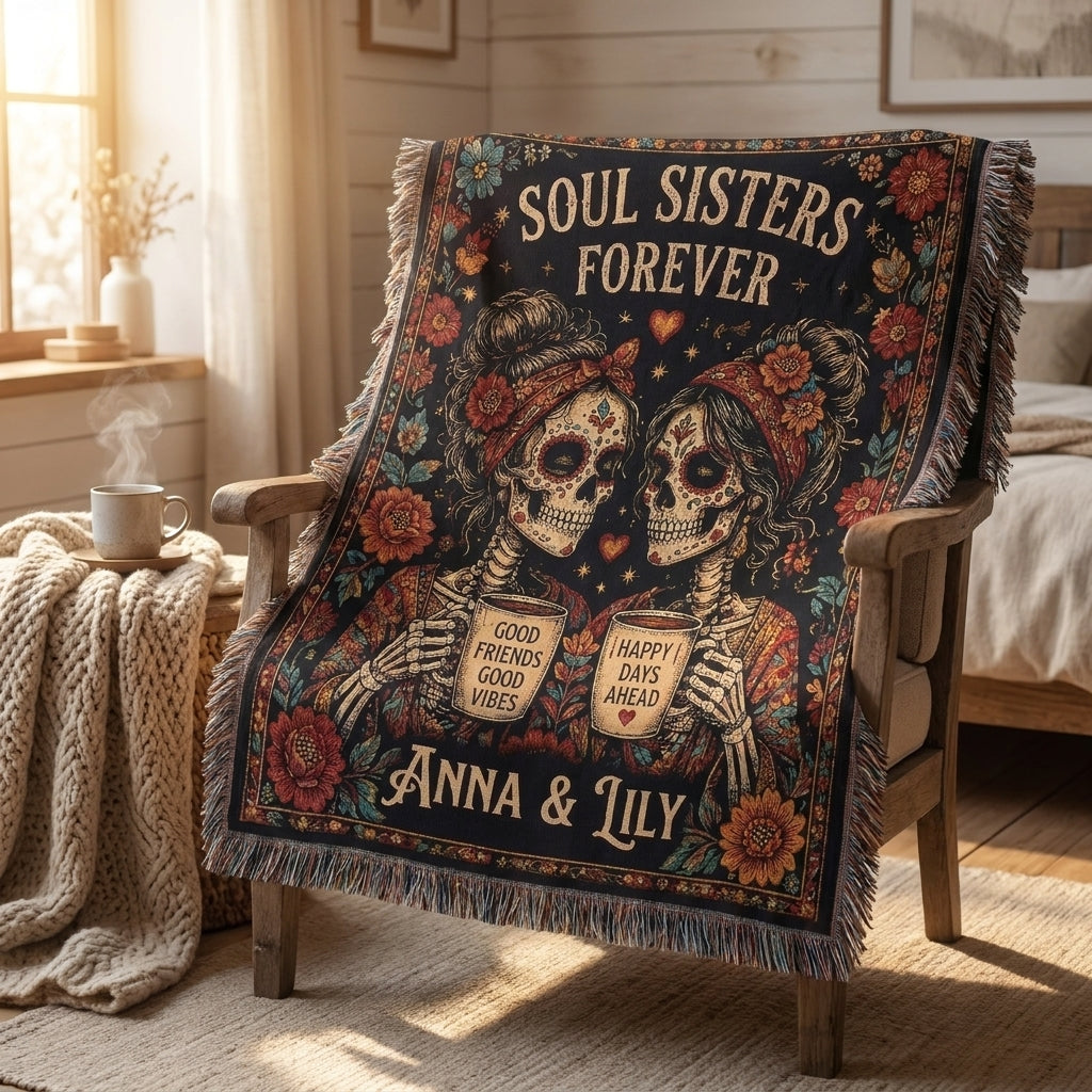 Soul Sisters Forever Personalized Skeleton Best Friends Woven Blanket