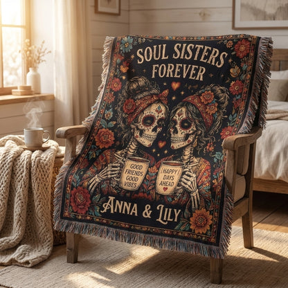 Soul Sisters Forever Personalized Skeleton Best Friends Woven Blanket