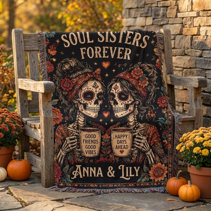 Soul Sisters Forever Personalized Skeleton Best Friends Woven Blanket