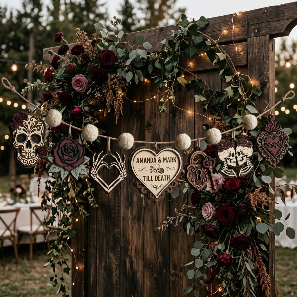 Dark Romance Skull Couple Personalized Wooden Garland