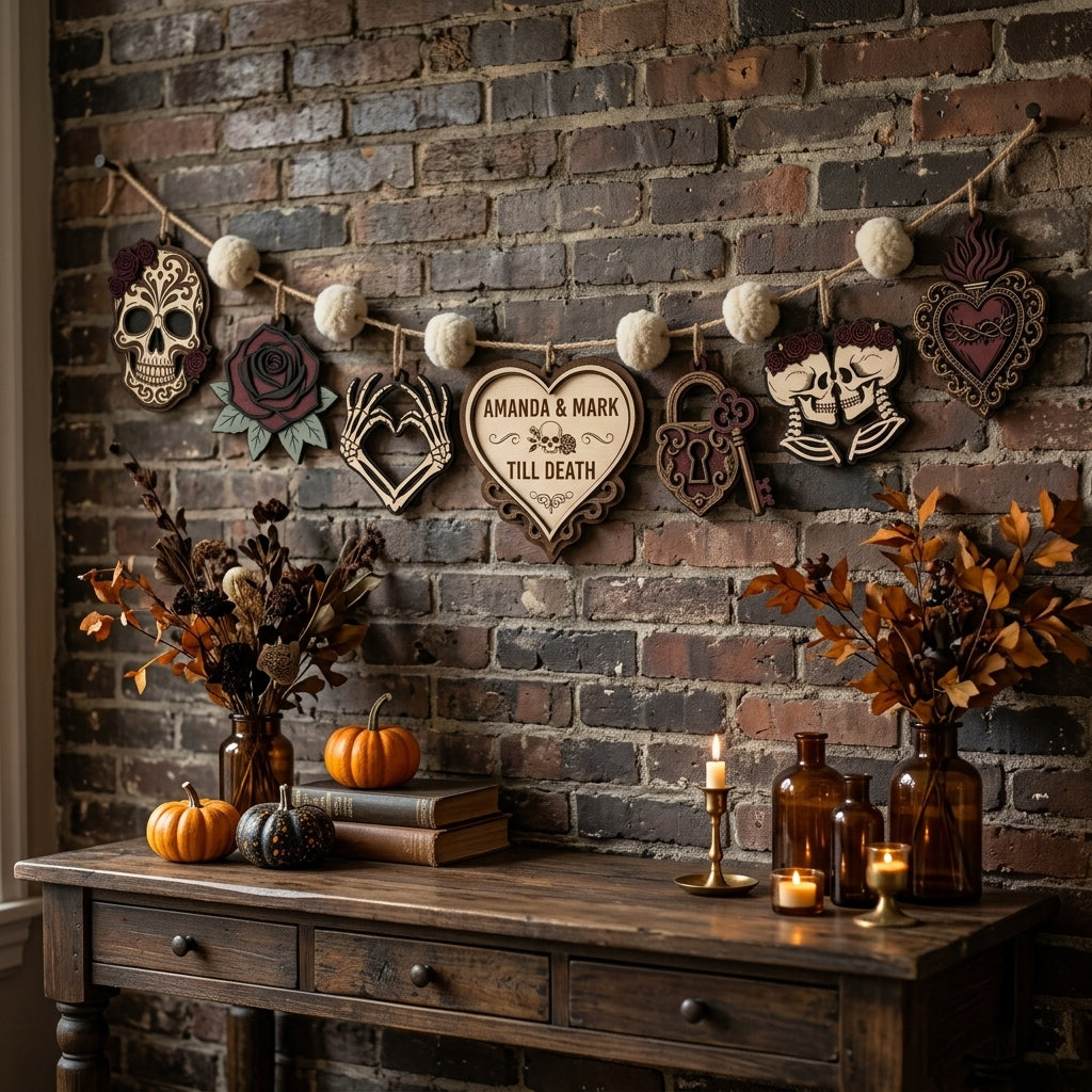 Dark Romance Skull Couple Personalized Wooden Garland