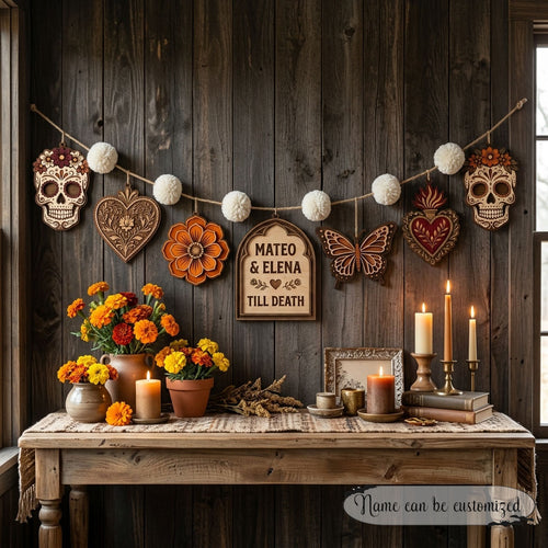 Sugar Skull Floral Till Death Personalized Wooden Garland