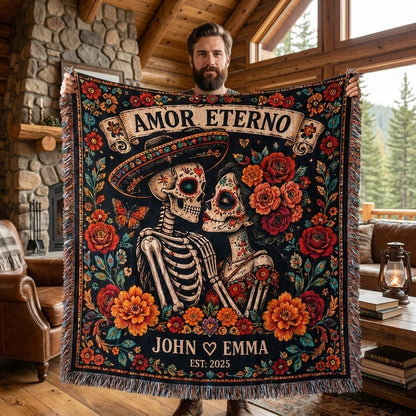 Amor Eterno Personalized Skeleton Couple Woven Blanket