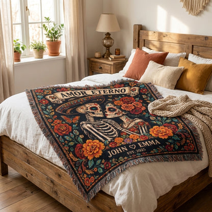 Amor Eterno Personalized Skeleton Couple Woven Blanket