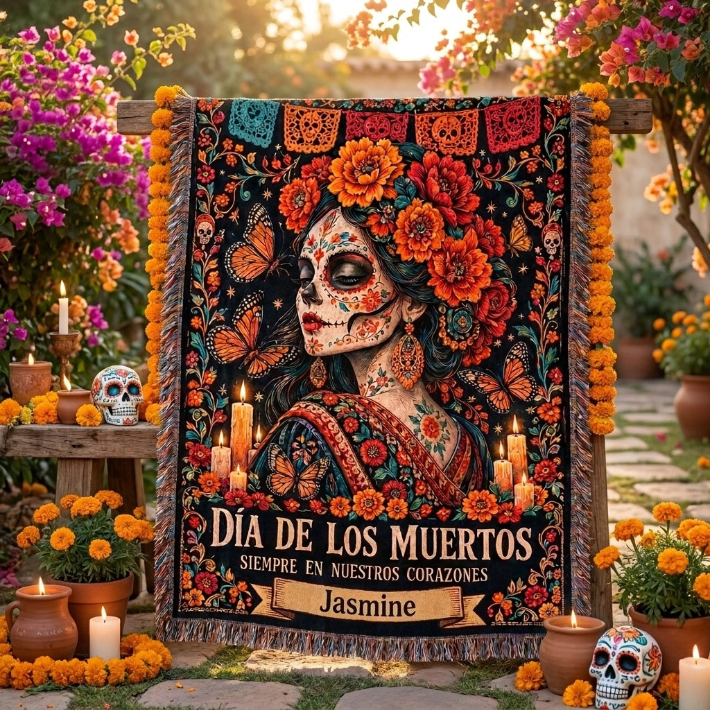 Día de los Muertos Personalized Sugar Skull Woman Woven Blanket