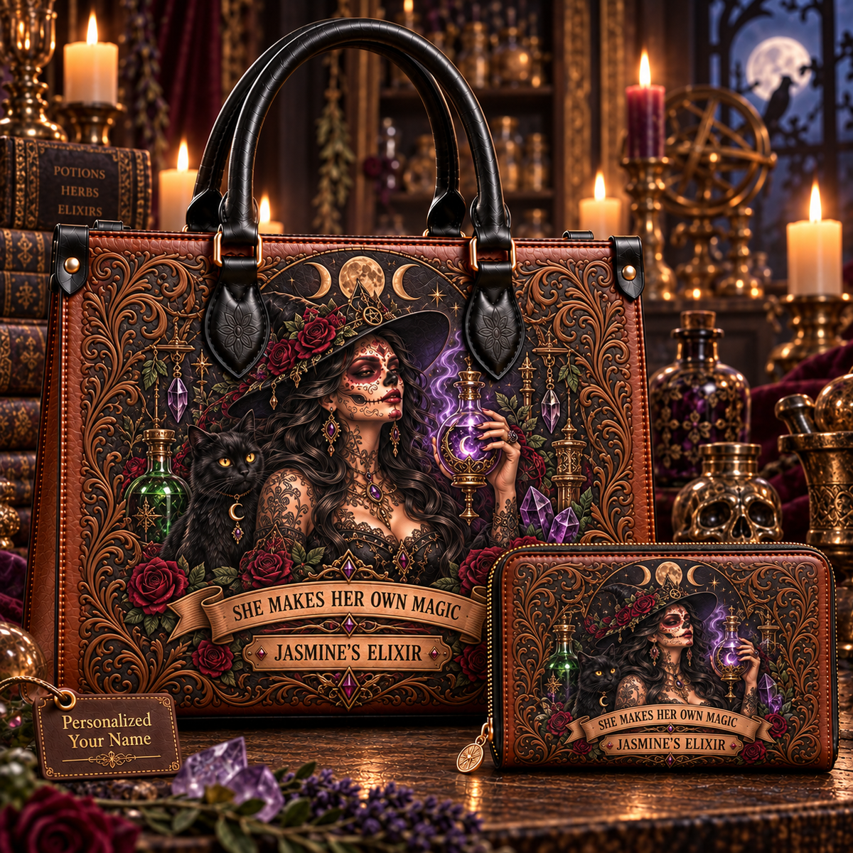 She Makes Her Own Magic Witch Leather Handbag + Free Matching Wallet