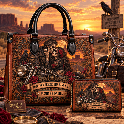 Together Beyond the Last Mile Biker Couple Leather Handbag + Free Matching Wallet