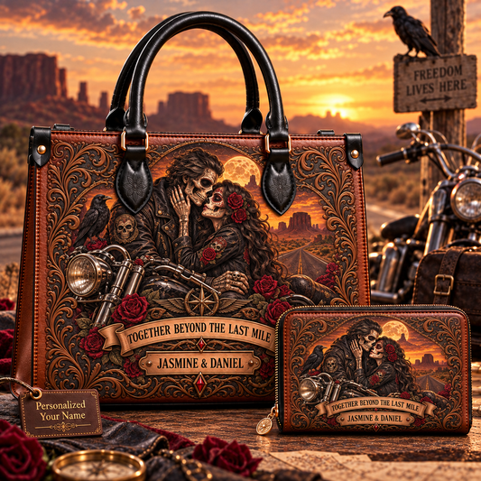 Together Beyond the Last Mile Biker Couple Leather Handbag + Free Matching Wallet