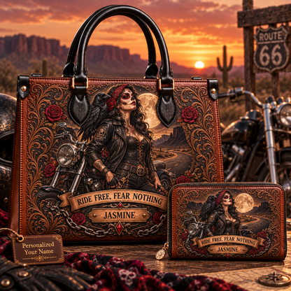 Ride Free, Fear Nothing Gothic Biker Leather Handbag + Free Matching Wallet