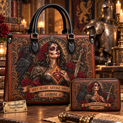 Soft Heart, Savage Soul Gothic Warrior Leather Handbag + Free Matching Wallet