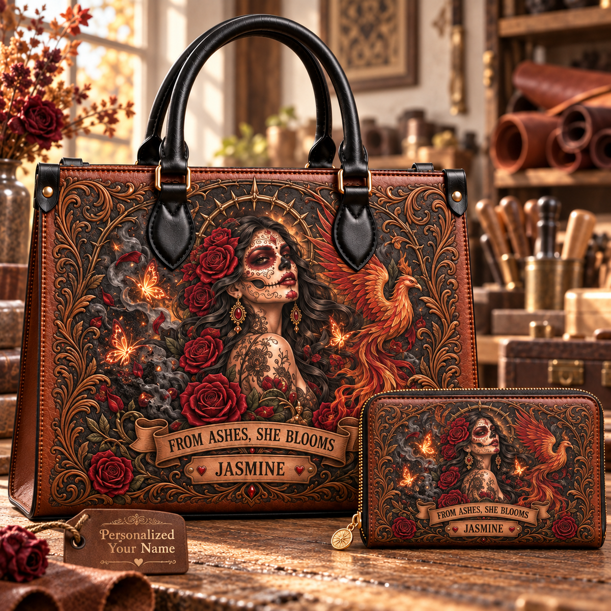 From Ashes, She Blooms Phoenix Queen Leather Handbag + Free Matching Wallet